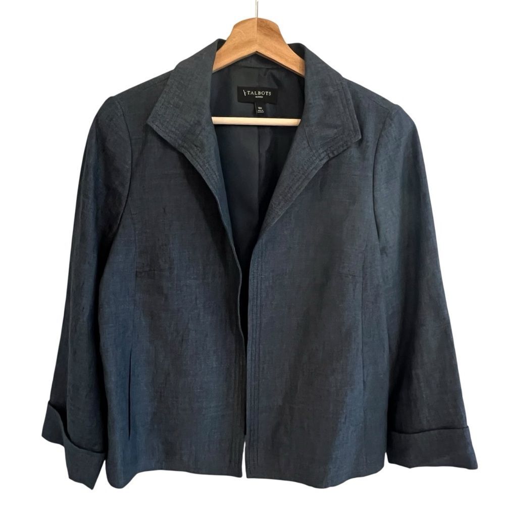 Talbots Womens Open Front Linen Blazer Size 10P Preppy Old Money Office Travel